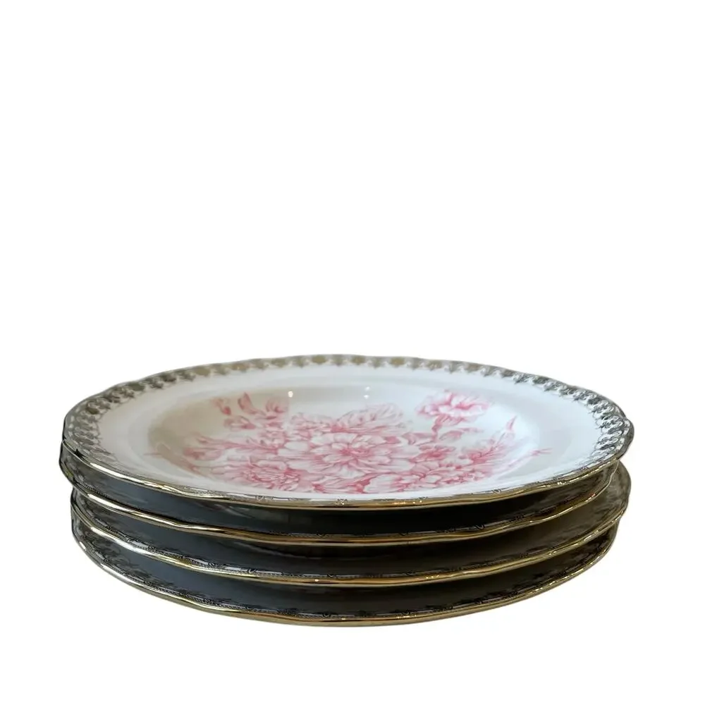 222 Fifth Pink Gold Floral Porcelain Salad Plates 8.5” Set of 4 Chic Easter NEW
